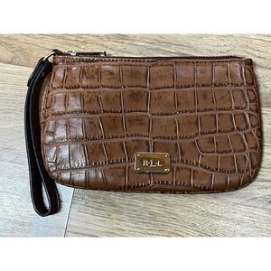 Ralph Lauren Leather Clutch Wristlet Stockbridge Croc Brown Cow Leather